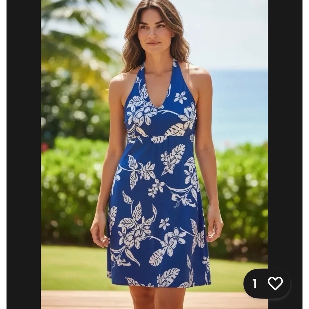 Tommy Bahama S Hibiscus Hiatus Floral Halter Dress Tassel Tie Blue White Tropic
